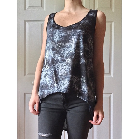 MNG by Mango Black Hi-Lo Metallic Trees Tank - Picture 1 of 4